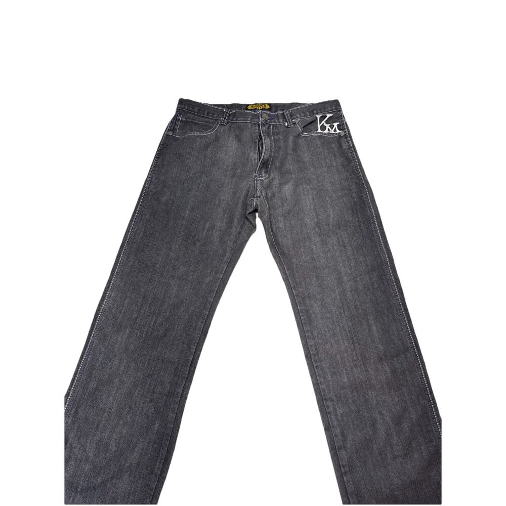 King Maker Mens Straight Leg Jeans Black Faded Purple Contrast Stitch Size 34x28